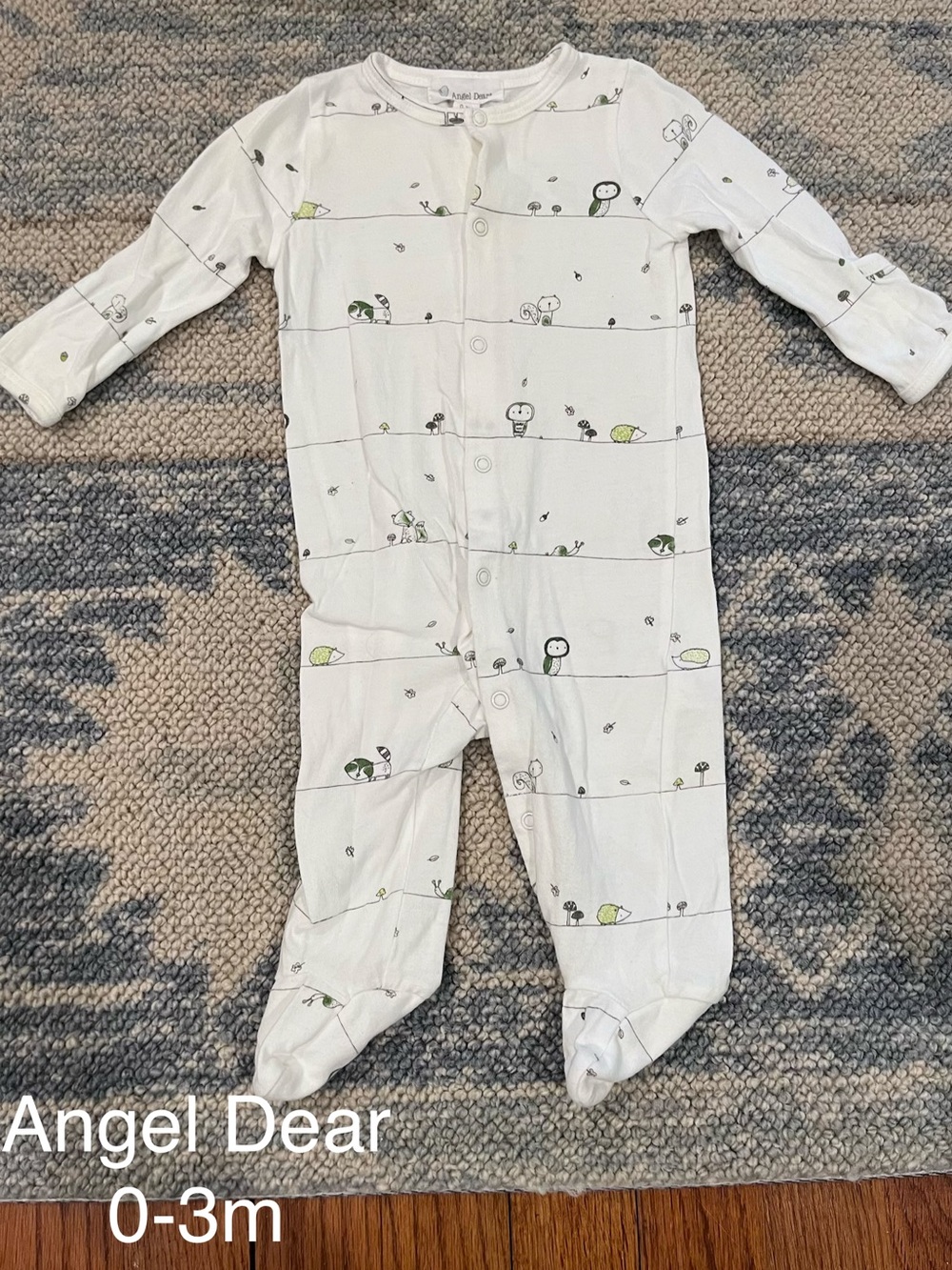 Angel Dear White One-Piece Footed Sleeper with Green and Gray Nature Print